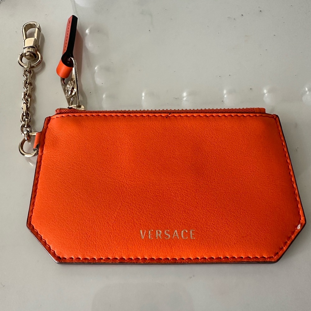 Versace Orange Leather Zip Card Case with Gold Chain